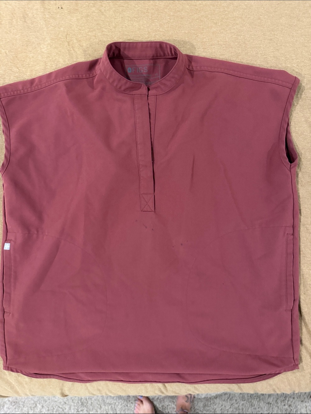 Figs Short Sleeve Button-Down Tunic Shirt in deep cherry